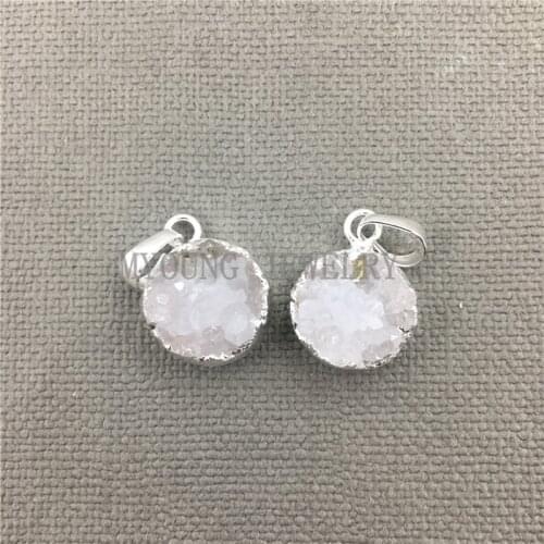 MY0513 Natural Clear Quartz Druzy Geode Pendant Charm Round Petite White Crystal with Silver Edge Necklace or Bracelet Pendant