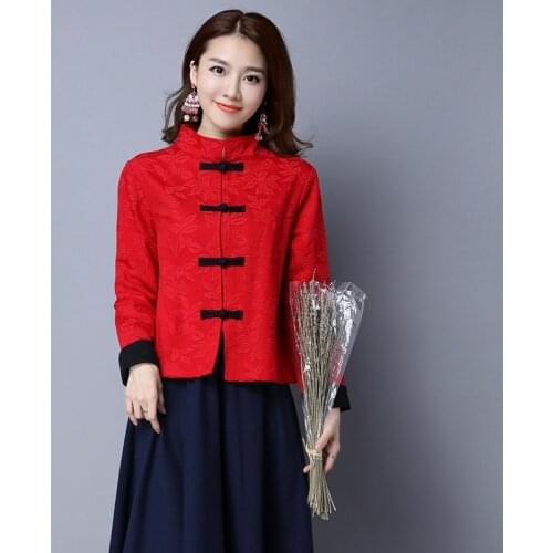 New Year Chinese Style Clothing Women Hanfu Vintage Long Sleeve Cotton Linen Tang Suit Traditional China Fashion Tops Coat 12073