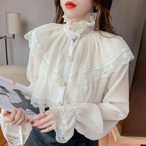 Solid Patchwork Elegant Blouse Women Spring Lace Designer Chiffon Bouse Female Office Lady Casual French Korean Tops Women 2021