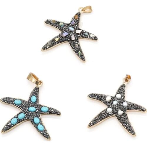 1PC Natural Stone Pendant Gothic Rhinestone Starfish Charms for Women Jewelry Making DIY Necklace Accessories Gift 58x60mm