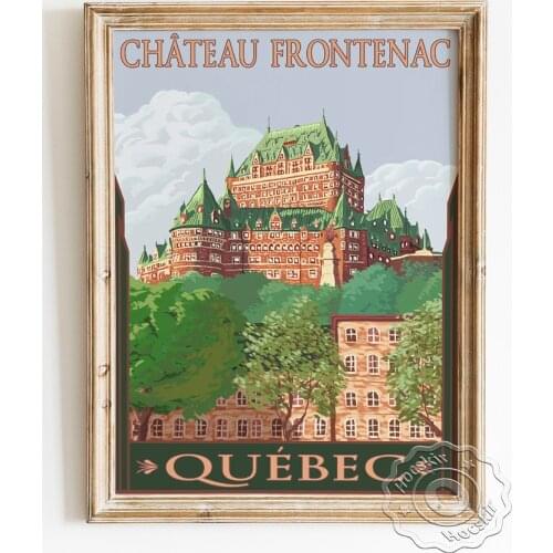 Canada Quebec City Travel Poster, Chateau Frontenac Tourist Attraction Canvas Painting, Castle Landscape Vintage Wall Picture
