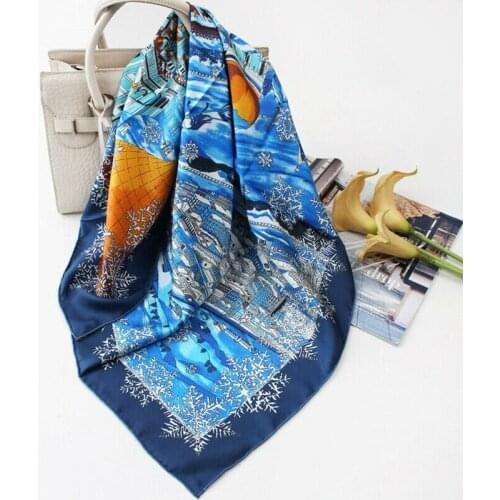 Luxury 100% Twill Silk Scarf Women Fashion Kerchief Bandana Moscow Snow Night Print Shawl Hijab Headband 90*90cm