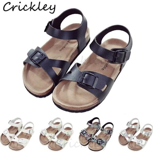 Summer Kids Girls Gladiator Sandals PU Leather Printing Strip Beach Shoes for Children Girls Soft Comfortable Cork Roman Sandals
