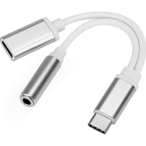 Silver Type-C to 3.5mm Earphone Audio Cable 2 In 1 Music Port Adapter Type C to 3.5 AUX Jack for Phone