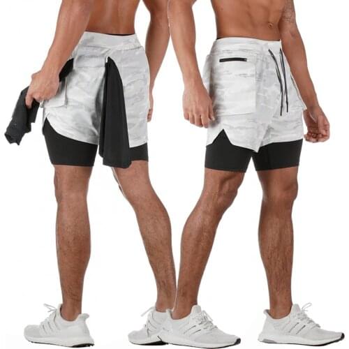 Mens Double-layers Sports Shorts, Sweat Absorption Quick Drying Drawstring Waist Short Pants with Side Pockets