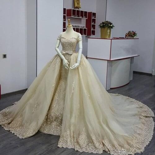 Special Mermaid Wedding Dresses With Over-Skirt Off Shoulder Sash Lace Applique Bridal Dress Charming Tulle Bridal Wedding Gowns