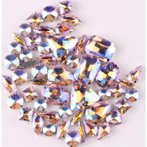 Silver claw setting 50pcs/bag 11 shapes mix Pink AB glass crystal sewing rhinestone wedding dress shoes bags diy trim