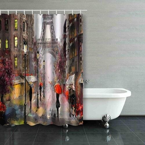 Street View of Paris Artwork Tower People Under Tree France Shower Curtain