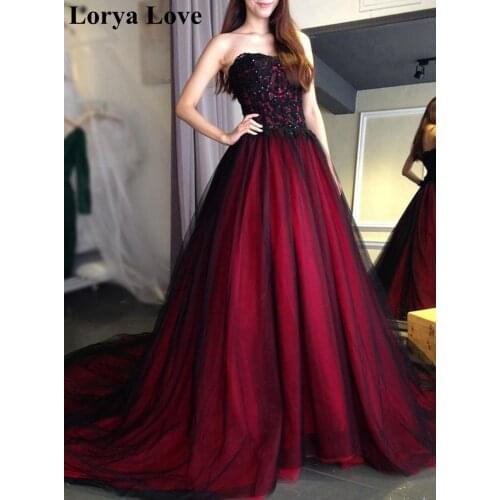 Evening Party Dresses 2020 Black Red Lace Applique Bead Strapless Tulle A Line Court Train Long Prom Gowns for Women Customize