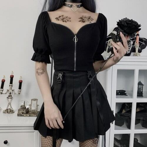 Black Dark Goth Woman Sexy T-shirt 2020 Lady Open Stitch Square Collar Zipper Puff Sleeve Hipster Tshirt Gothic Punk Short Top