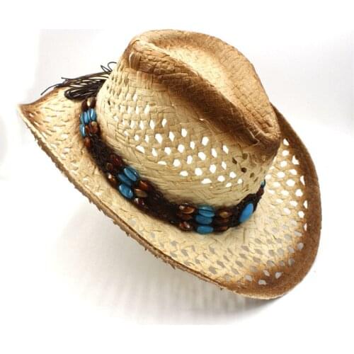 Handwork Womens Mens Raffia Hollow Western Cowboy Hat For Gentleman Western Word Cowgirl Jazz Cap Dad Sombrero Beach Sun hat