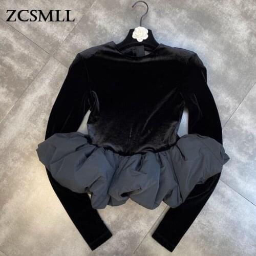 ZCSMLL Round Neck Shoulder Pads Long Sleeve Velvet Pullover Stitching Ruffle Hem Solid Color Women Sweatshirts 2021 Autumn