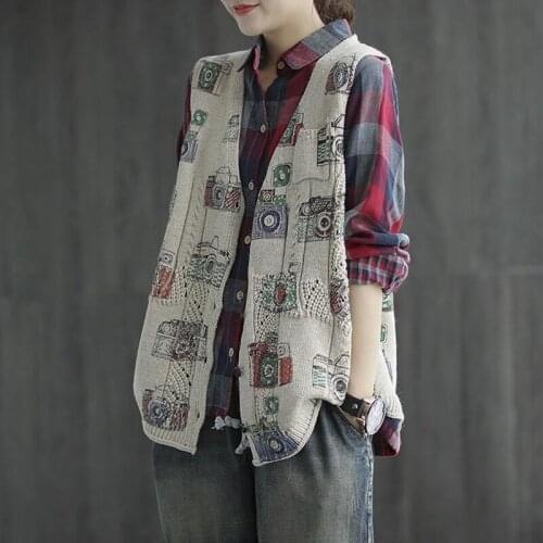 Autumn Winter Fashion Korean Designer Ladies Printed Knitted Sweaters Womens Casual V Neck Vests Sleeveless Clothes