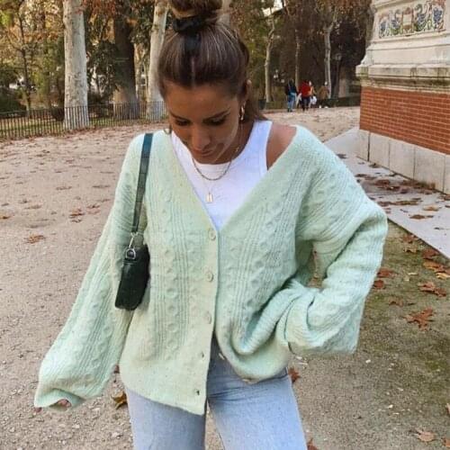 Foridol V Neck Button Up Lantern Sleeve Thick Cardigan Sweater Women Autumn Winter Twist Knitted Green Cardigan Oversized Sueter