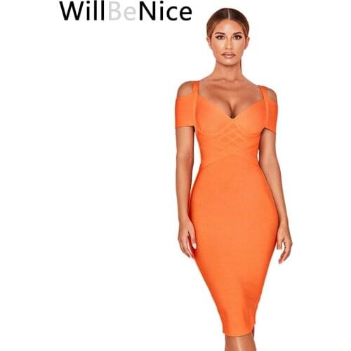WillBeNice Women Bandage Dress 2019 New Arrivals Elegant Summer Off Shoulder Bandage Dress Orange Sexy Bodycon Dress Party Club