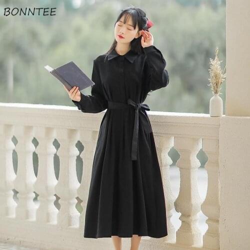 Dress Women Solid Long Sleeve Turn-down Collar Sashes High Waist Elegant A-Line Dresses Casual Preppy Style Students Harajuku