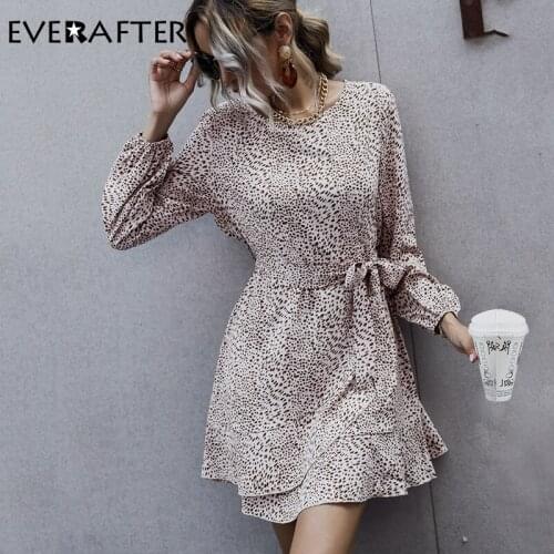 EVERAFTER Vintage leopard print dress women lantern sleeve O-neck sashes lace up bow ruffles Autumn dress casual ladies dresses
