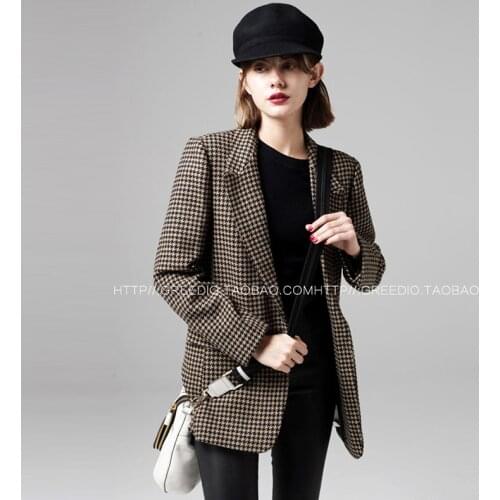 Winter woman Plaid woolen jacket Suit Female Autumn woman Vintage plaid suit jacket straight casual wool suit Plaid Slim Blazer