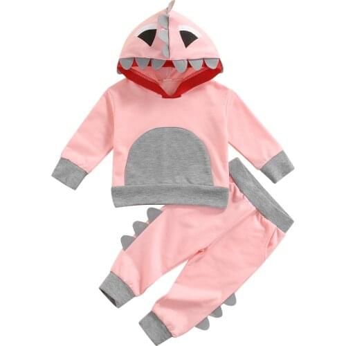2Pcs Autumn Baby Girls Outfit, Toddlers Creative Color Matching Cartoon Dinosaur Shape Long Sleeve Hooded Hoodie + Long Pants