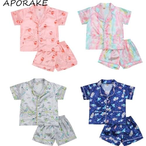 2021 1-6Y Children Baby Nightwear Set Summer Kids Boys Girls Cartoon Patterns Pockets Short Sleeve Tops+ Pyjama Pants 2pcs