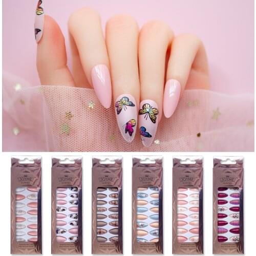 24Pcs/set Butterfly Fake Nail Tips with Dragon Pattren Designs Detachable Love Heart Almond False Nails Full Cover Nail Tips