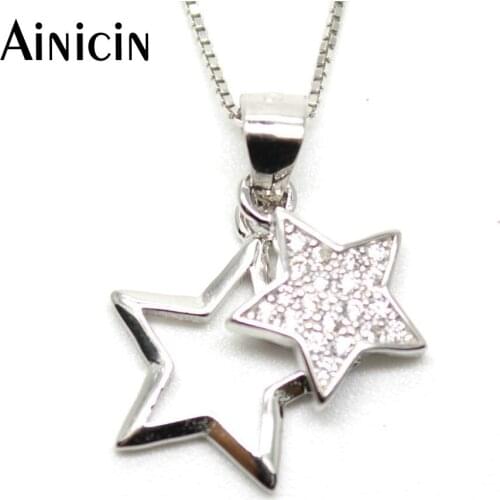 5pc Silver Double Star With CZ Crystal Setting Pendants 18 Inches Box Chain Necklace For Women Jewelry