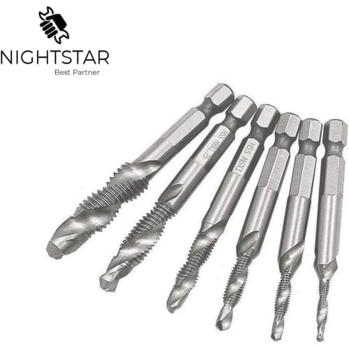 6Pcs HSS Thread Spiral Screw Metric Composite Tap Drill Bit 1/4 Hex Shank Tap M3 M4 M5 M6 M8 M10 for Woodworking Tool