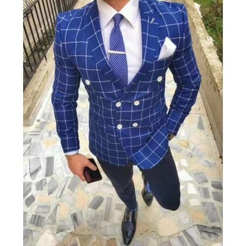 Hot sale Mens slim fit new arrival double breasted blazer Suit blue plaid plus size XS to 6XL Male blazers Mens tops Wedding