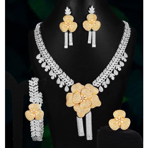 Brand Luxury Shiny 4PCS Flowers Necklace Bracelet Earrings Ring Jewelry Set for Women Brides Wedding Jewellery High Quality