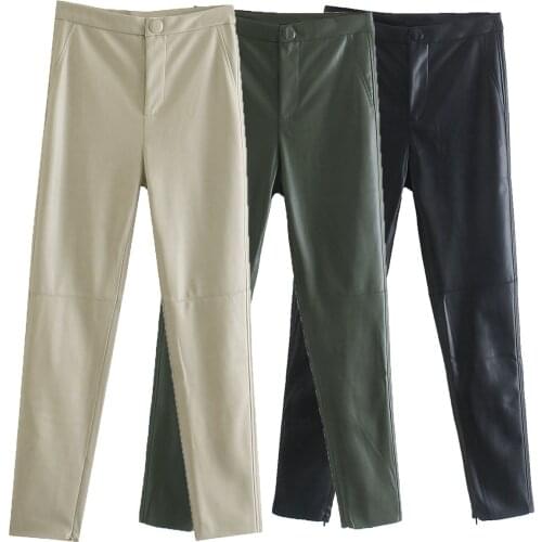 2020 New Fashion Autumn Winter Women High Waist Black Faux Leather Pants Lady PU Loose Pencil Trousers Elegant Pocket Streetwear