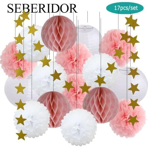 Baby Girl Baptism Decor Pink Set 8" Paper Crafts Kids Boy Birthday Decor White Round Paper Lantern Blue Wedding Tissue Pom Poms