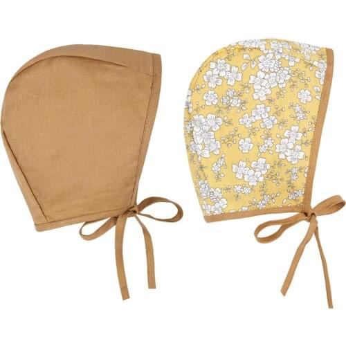 Reversible Double Sided Baby Hat Cotton Linen Multicolor Floral/Dot Print Hood Cap with Tied Jaw for Toddlers, Boys, Girls 0-18M