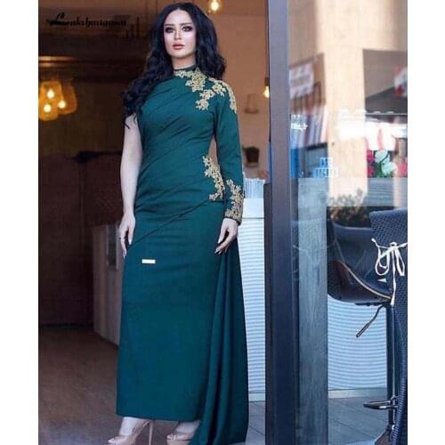 Elegant High Neck Sheath Evening Dresses Long Sleeves Lace Appliqued Prom Dress Party Gowns Ankle Length Mother Dress