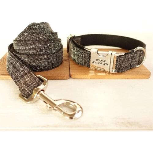Personalized Pet Collar Customized Nameplate ID Tag Adjustable Linen Fiber Black Suit Cat Dog Collars Lead Leash Set