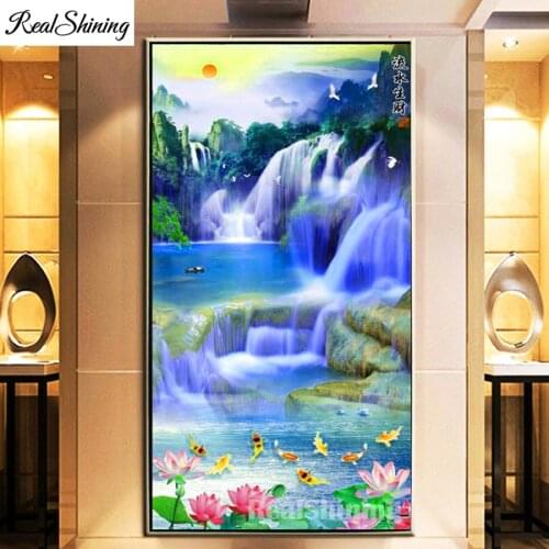 Large size DIY 5d Diamond Painting Waterfall landscape Full Diamond Embroidery Mosaic China fengshui Aisle entrance decor F1081