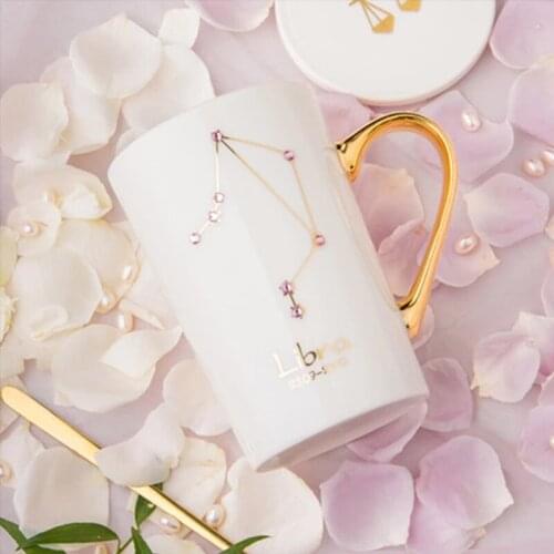Ceramic Coffee Cup Constellation Theme Star Diamond Cup Gift Box with Lid and Spoon Zodiac Milk Cup Water Drink 420ml