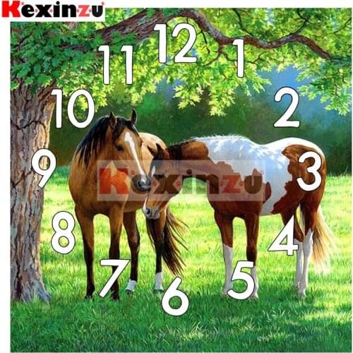 Kexinzu 5D Diamond Painting Kit With Clock Mechanism Cross stitch Full Square Round Diamond Embroidery Mosaic Horse Gift