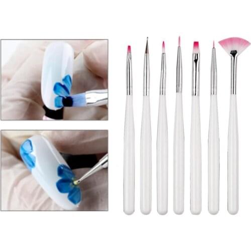 7PCS Nail Art Brush Liner Dotting Fan Design Acrylic Builder Flat Crystal Painting Drawing Carving Pen UV Gel Manicure Tools