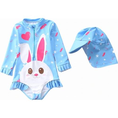 1~7Y Toddler Baby Girls Swimming suit Long sleeves Girls Rash Guards Children Surfing Suits Kids Beach wear with Cap-SW436