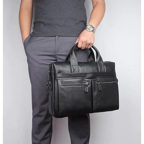Luufan Soft Genuine Leather Business Briefcase For Man Fit 14" Laptop Handbag Black Soft Cow Leather Male Message Bag Work Tote