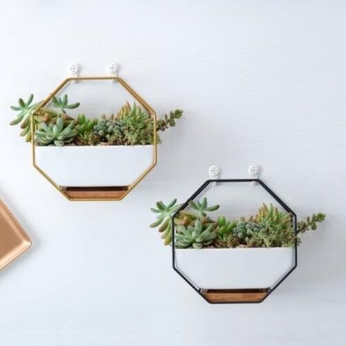 Metal Iron Rack White Ceramic Planter Pot Simple Octagonal Geometric Wall Hanging Ceramic Flower Pot Bamboo Tray Iron WF1021
