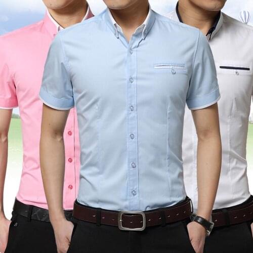 Men Solid Color Cotton Short Sleeve Turn Down Collar Button Cotton Plus Size Shirt S-lim Fit Top shirt men