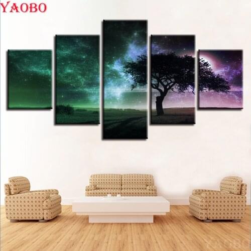 5D DIY Diamond Painting Cross Stitch kit 5pcs Tree And Starry Sky Moon Night Scene Full square round Mosaic Diamond Embroidery