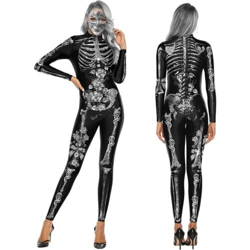2021 New Halloween Cosplay Costume Female Gray Rose Gold Skeleton Print Full Sleeve Stage Outfit One-piece Tights