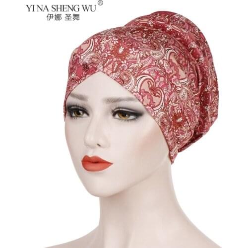 New Arrival Muslim Fashion Turban Chemotherapy Hat Back Disc The Head Cap Floral Print Inner Hijabs Bandage Headwear For Women