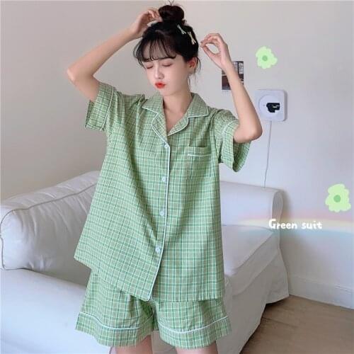 Short Sleeve Green Plaid Pajamas Set Summer Women Top Loungewear Nightwear for Women Sleepwear Set Pant Youth Girl Tracksuit Set