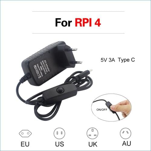 S ROBOT Power Adapter On/OFF Switch Power Supply Type C EU US UK AU Plug Power Charger for Raspberry Pi 4 Model B RPI114