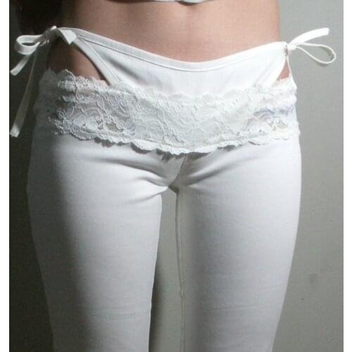 Sexy Lace Low Waist G-string Fake Two-piece Capris Bow Pencil Pants Erotic Club Wear Erotic Lingerie FX1069