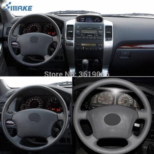 SmRKE For Toyota Land Cruiser Prado 120 Hand-stitched Anti-Slip Gray Leather Gray Thread DIY Steering Wheel Cover