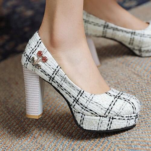 Striped Plaid Fabric Sweet Mary Jane Shoes Shiny Rhinestone Applique Chunky Heel Shopping And Dating Pumps 2021